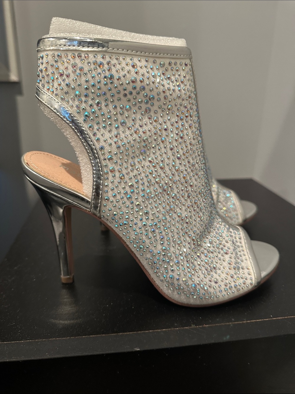 Madden Girl Silver Rhinestone Peep-Toe High Heel Booties NEW WITHOUT TAGS